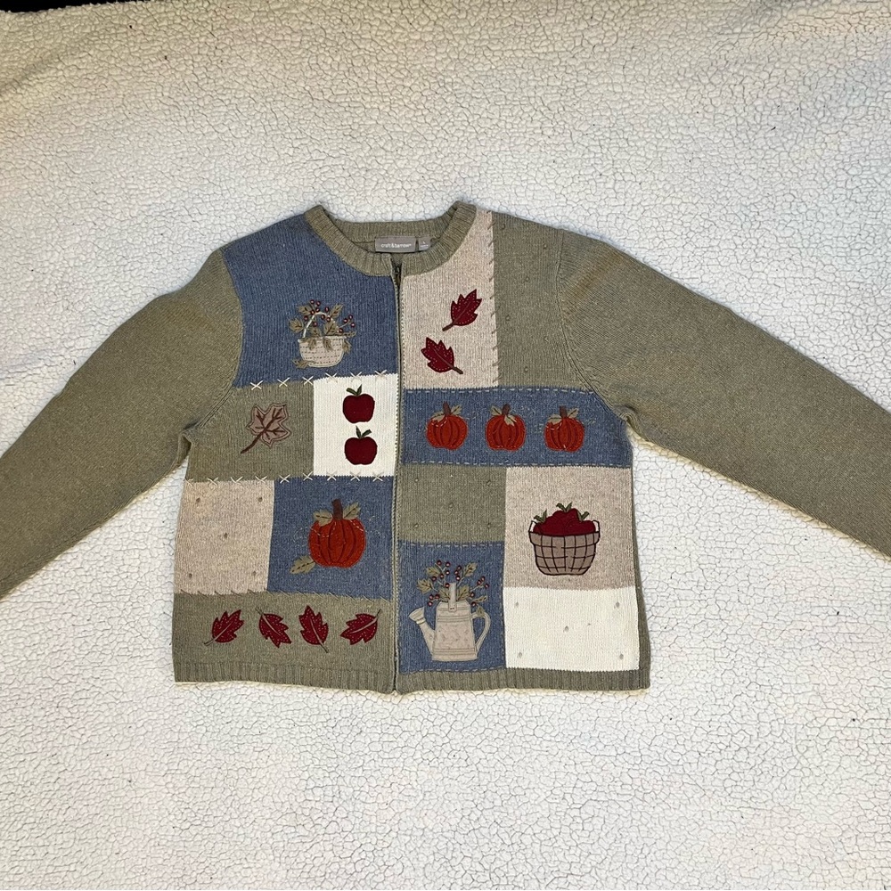 Large green Croft & Barrow fall sweater with embroidery.